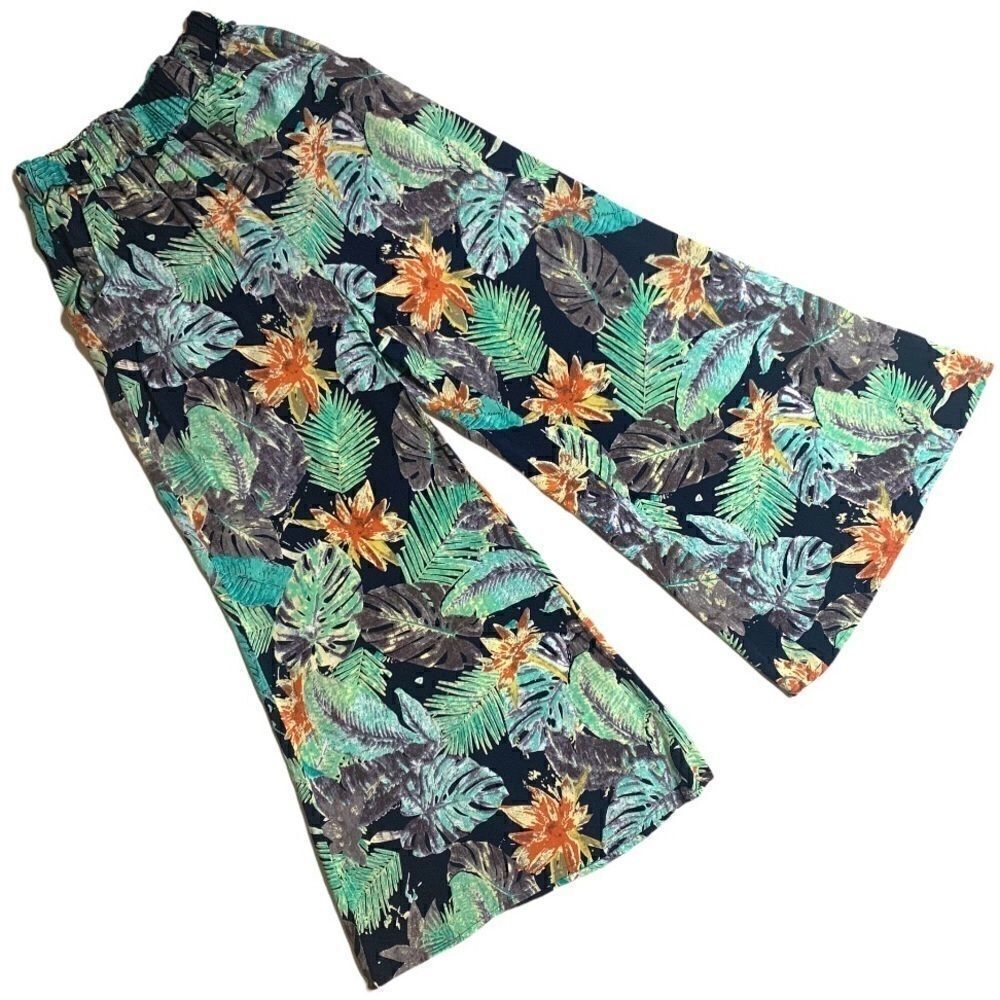 charme U Navy Tropical Print Palazzo Beach Pants
